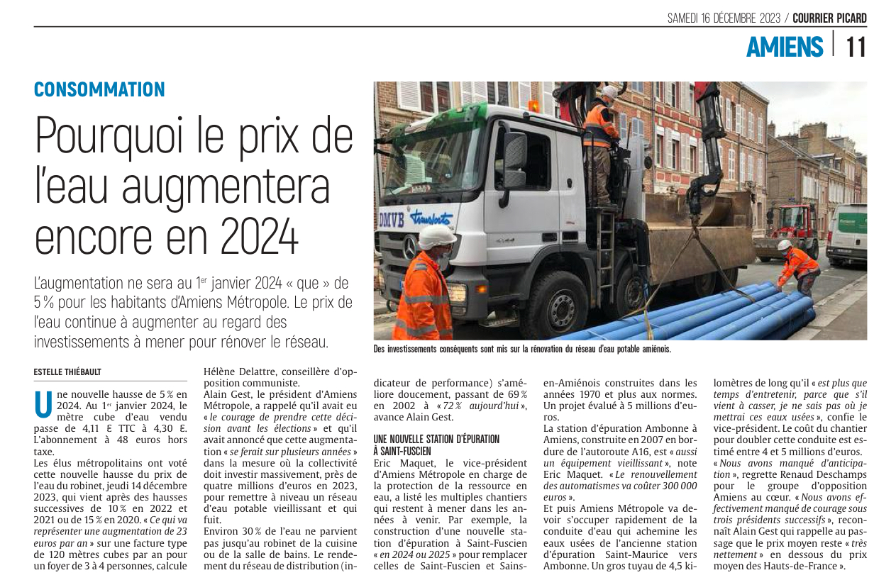 Lire la suite à propos de l’article Le prix de l’eau amiénoise va augmenter au delà de l’inflation en 2024